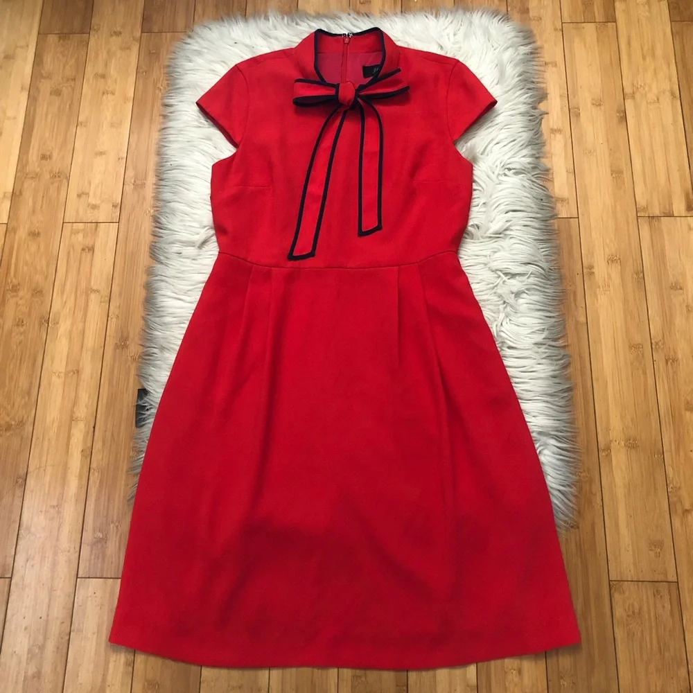 J Crew Bow Tie-neck 365 Crepe Fit & Flare Cap Sleeves Nautical Red Navy Dress 10